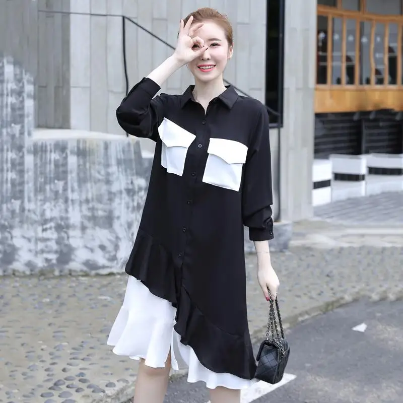 5XL осень 2019 Большие размеры женское платье-рубашка повседневное с длинным