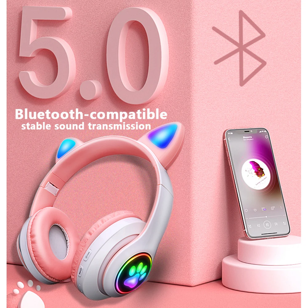 Fones de Ouvido de Gatinha Fone sem Fio Compatível com Bluetooth Fone de Ouvido Dobrável com Microfone Presente para Meninas e Crianças Cor-de-rosa Estéreo Música - Image 2