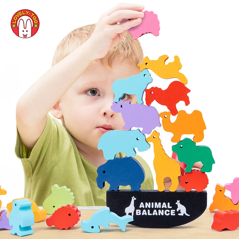 

Montessori Wooden Blocks Animals Dinosaur Balance Board Games Color Shape Toys Kids Educational Stacking Building Block Wood Toy