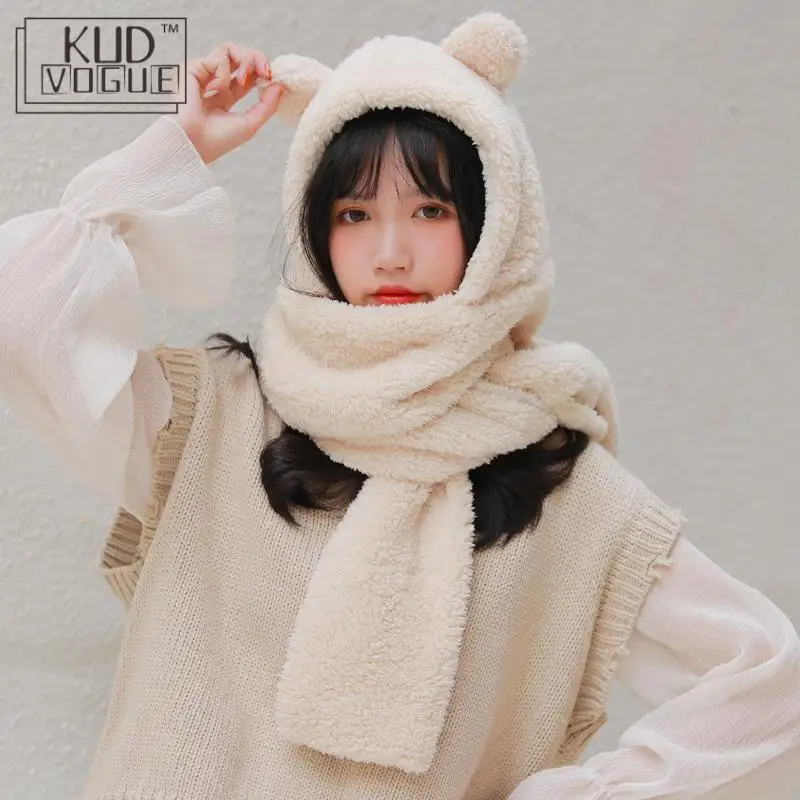 Женская шапка в стиле Лолиты, шапка, японский милый теплый шарф с медведем, зимняя мягкая плюшевая шапка с капюшоном, шарфы Skullies, хороший подарок для девочек
