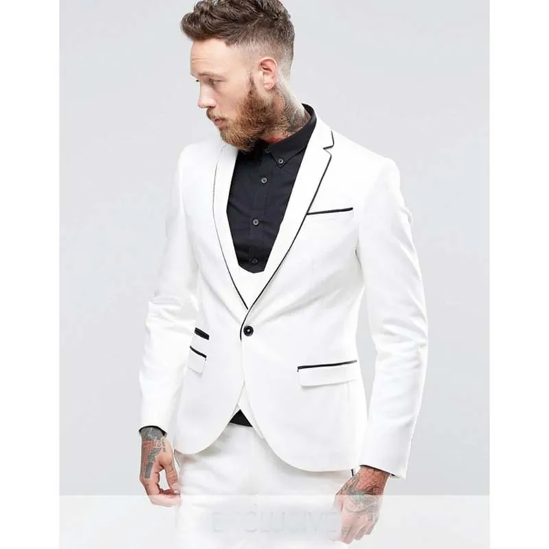

2019 White and Black Slim Fit Tuxedos For Male 3 Pieces Mens Wedding Prom Dinner Suits Best Man Groomsman men suit Custom Made