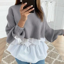 Свитер в стиле пэчворк, свободная куртка для женщин, Зимняя мода, плиссированный вязаный джемпер, Повседневная Уличная одежда, Женский пуловер с длинным рукавом