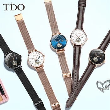 

TDO ladies watches top brand luxury sapphire lens tourbillon watch moon phase leather strap mechanical wrist watches for women