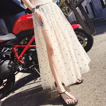 Газовые юбки пачка Летняя асимметричная сплайсинговая кружевная юбка средней длины монолайер абрикосовый черный лодыжки прозрачная волнистая юбка в горошек