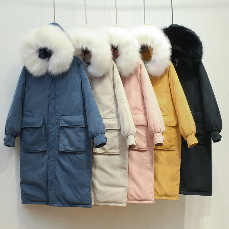 

2019 Winter New Style Korean-style Long Large Fur Collar Peach Skin Loose-Fit Slimming down Jacket Cotton-padded Clothes Women's