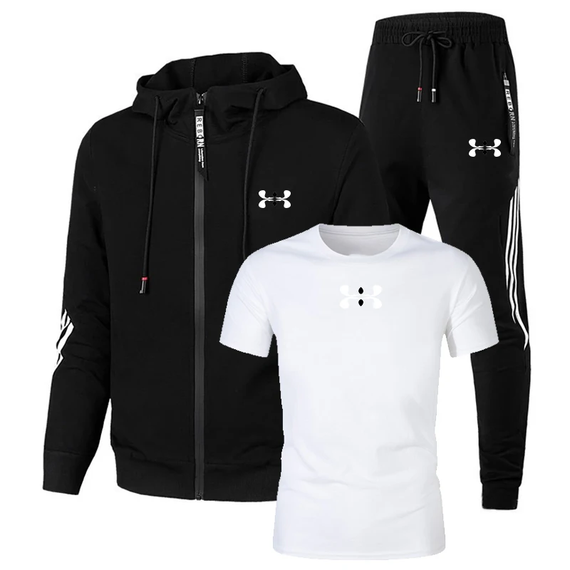 

Fashionable spring and autumn two-piece striped men's sportswear with sleeves and hood + outdoor training pants.