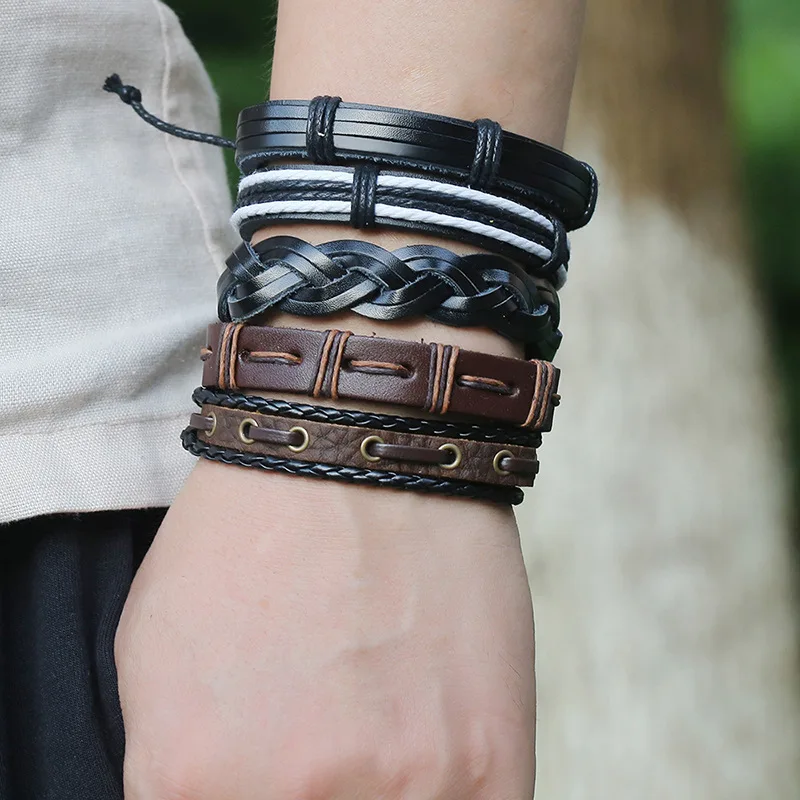 

5pcs/set Braided Rope Leather Bracelet Set for Men Adjustable Handmade Heart Wrap Bracelets&Bangles