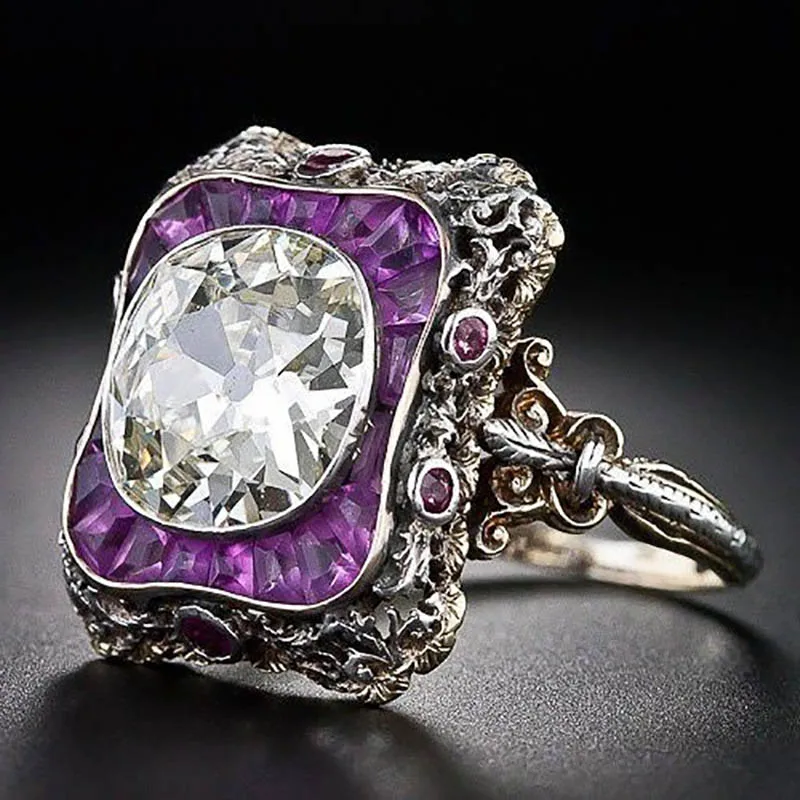 Cellacity Punk style Silver 925 Amethyst Ring For Women Large Round Gemstones Hyperbole Geometry Rings Party Female Gift