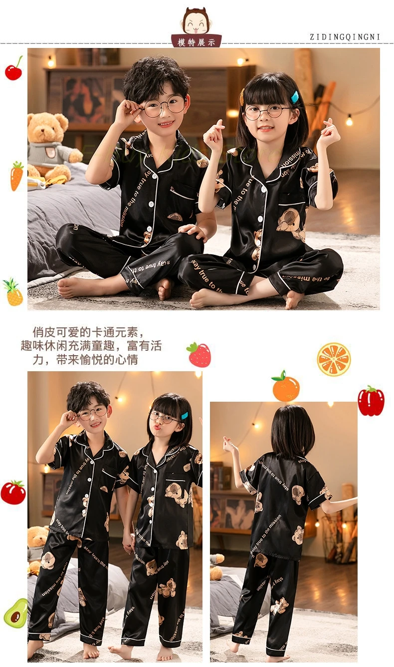 night gowns cheap Children's Sleepwear Satin Pajama Suits Spring Long Sleeves Homewear Sibling Silk Nightwear Baby Girls Clothes Pink Pajama Suits pajama sets button up	