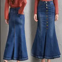 7XL 8XL Осенняя Новая женская джинсовая юбка с высокой талией, сексуальная тонкая женская юбка с оборками, большие размеры, Длинные повседневные джинсовые юбки JR34