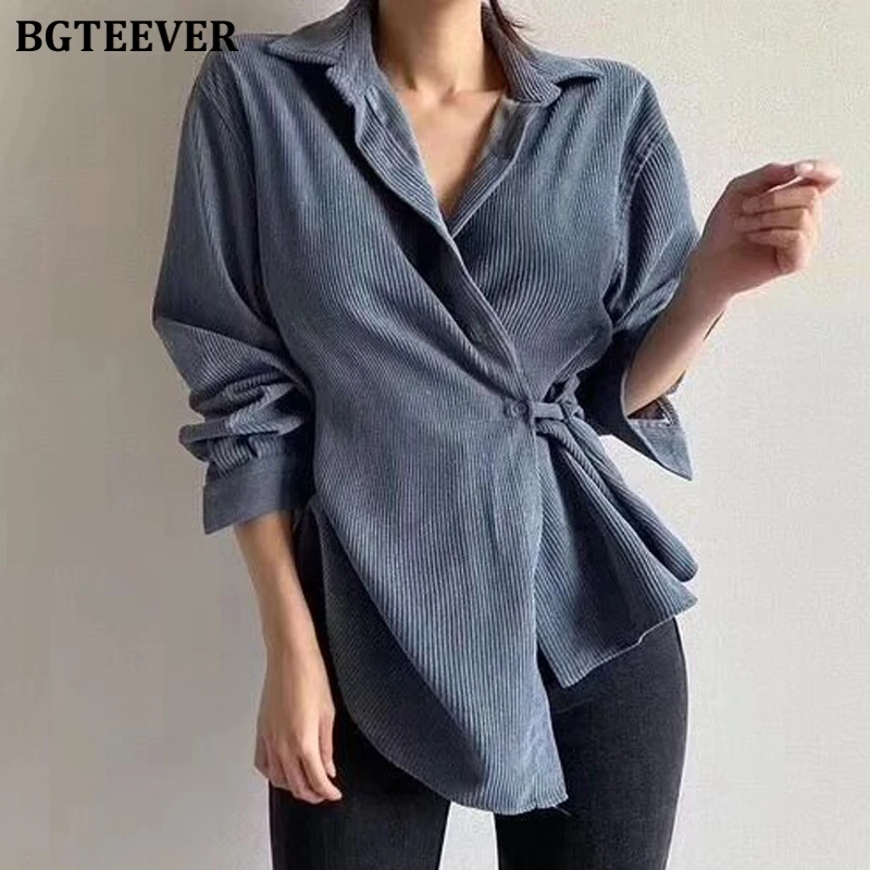 BGTEEVER винтажные женские вельветовые рубашки однобортные тонкая талия на шнуровке