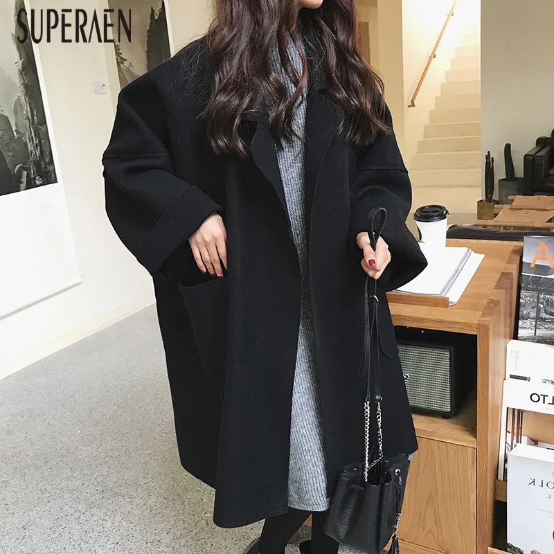 SuperAen модное женское Шерстяное Пальто новое осеннее и зимнее женское Шерстяное Пальто в Корейском стиле однотонная модная женская одежда