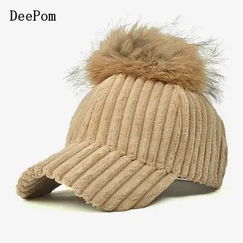 

DeePom Real Fur Pompom Cap Winter Hats For Women Stripe Suede Baseball Cap With Raccoon Fur Pom Poms Ball Female Cap Snapback