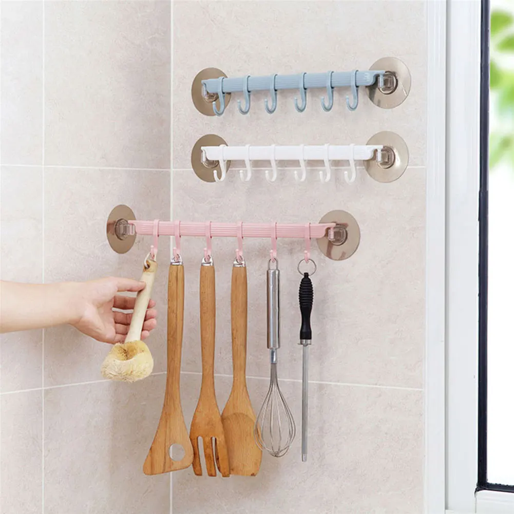 

6 Even Row of Hooks Strong Adhesive Hook Kitchen Wall Hanging Creative Bathroom Nail-free Seamless Rack Hanger Hook Shelves