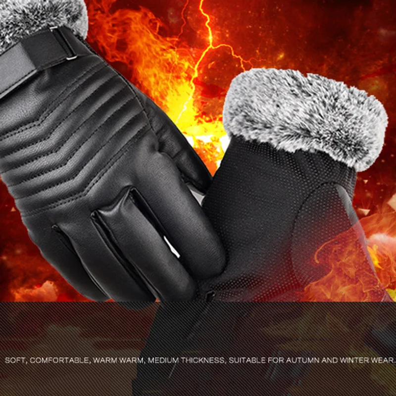 Warm Men Winter PU Leather Motorcycle Full Finger Touchscreen Warm Gloves Windproof Black YA88