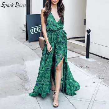 

SparkDora 2019 Women Summer Boho Long Dress Sexy Print Split V Neck Tunic Lace Up Plus Size Ladies Sundress Casual Beach Dress