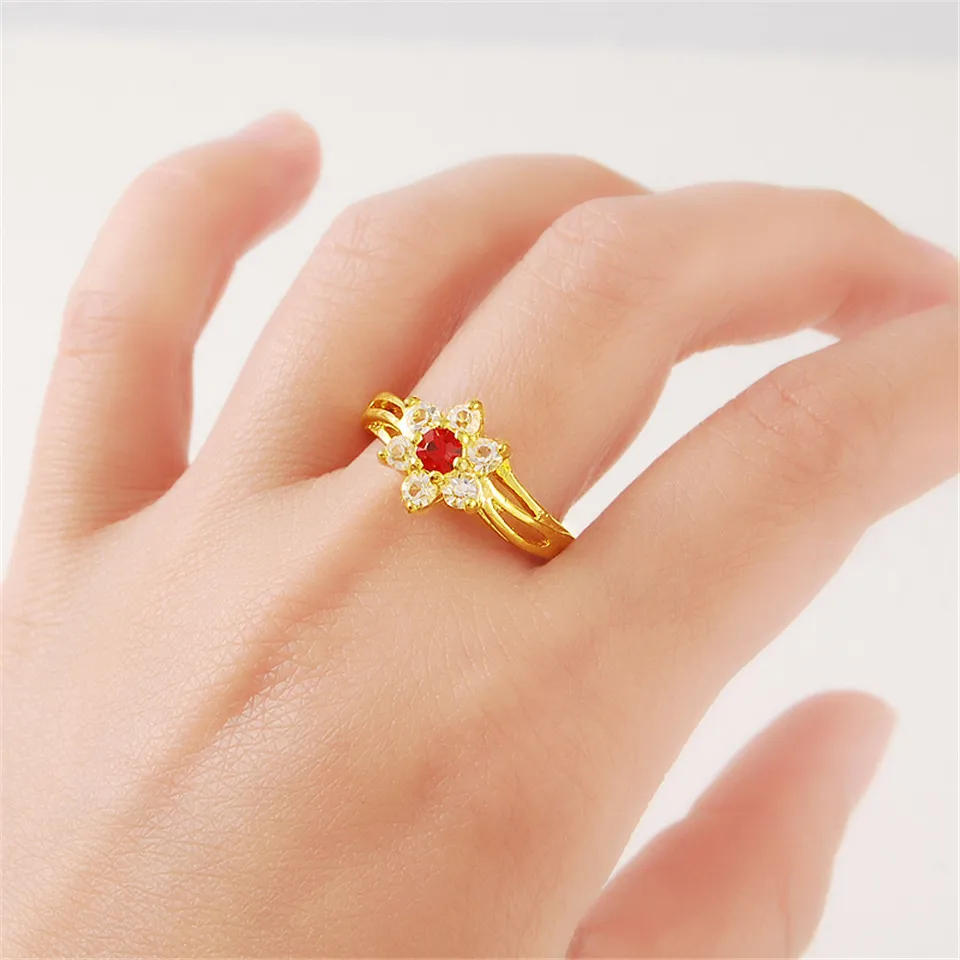 

24k Gold Colour Red Heart/flowers Crystal Ring Gold Color Anniversary Jewelry For Women Cubic Zirconia Stone Ring
