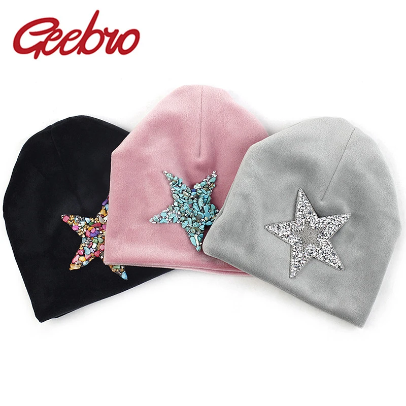 

Geebro Newborn Baby Boys Girls Soft Cotton Hats Spring winter warm Girl Rhinestones Star Beanies Hat Cap Photography Prop