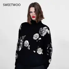 

Beading sequined loose knitted sweater floral pattern turtleneck long sleeve stretchy pullovers female retro tops