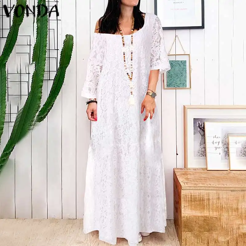 

VONDA Women Half Sleeve Hollow Out See Through Holiday Long Dresses Crochet Lace Party Dress Beach Party Plus Size Vestidos 5XL