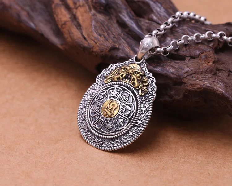 s4670(工厂批发S925纯银饰品 复古泰银八卦牌时来运转佛门八宝吊坠吊牌