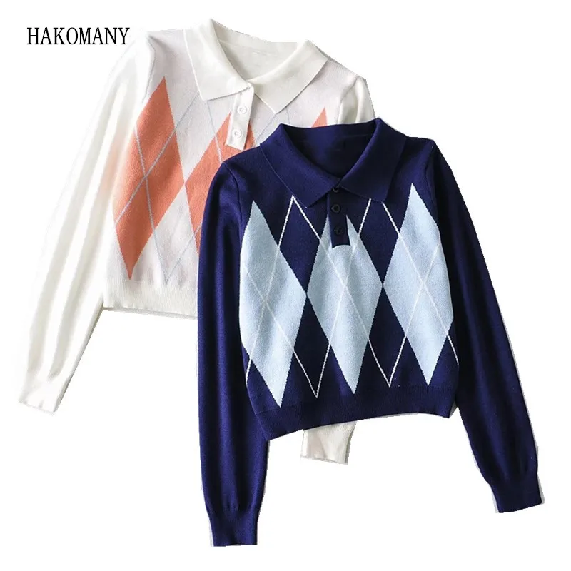 90s Streetwear Navy Check Argyle Plaid Knitted Sweater Pullovers Female Knitwear Preppy Style Y2K Clothes Lapel Casual Jumpers