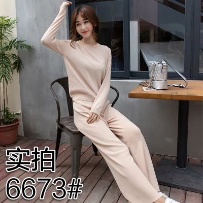 

Solid Knit Long Sleeve Fashion O-Neck Jumper Sweaters Tops+Elastic High Waist Wide Leg Knit Pants New Autumn Women Casual Sets