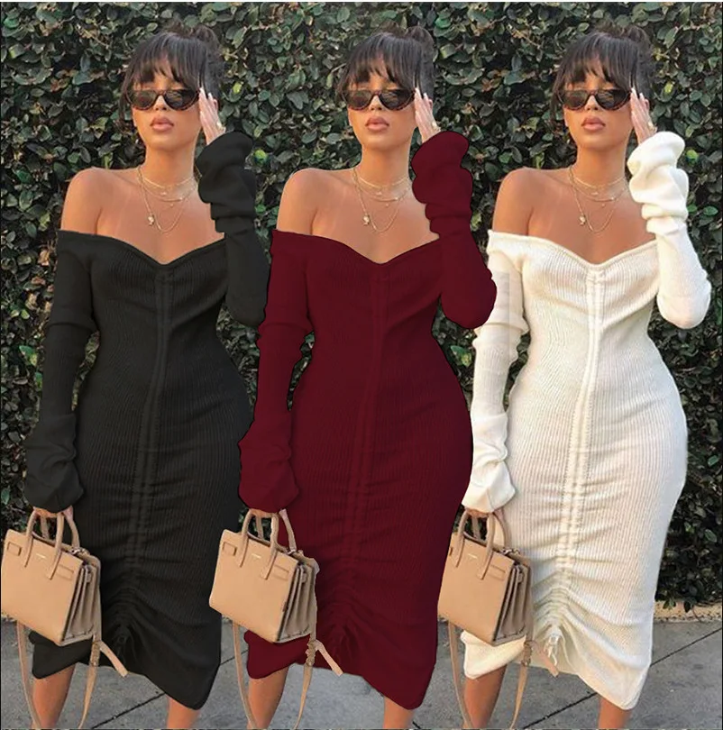 

Off-Shoulder Long Sleeve Mid-length Solid Color Drawstring 2019 Autumn And Winter New Style Dress