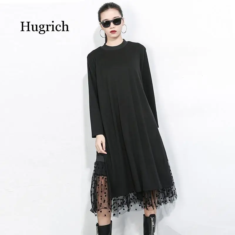 

Women Black Mesh Dot Split Joint Dress New Stand Collar Long Sleeve Loose Fit Fashion Tide Spring Autumn 2020