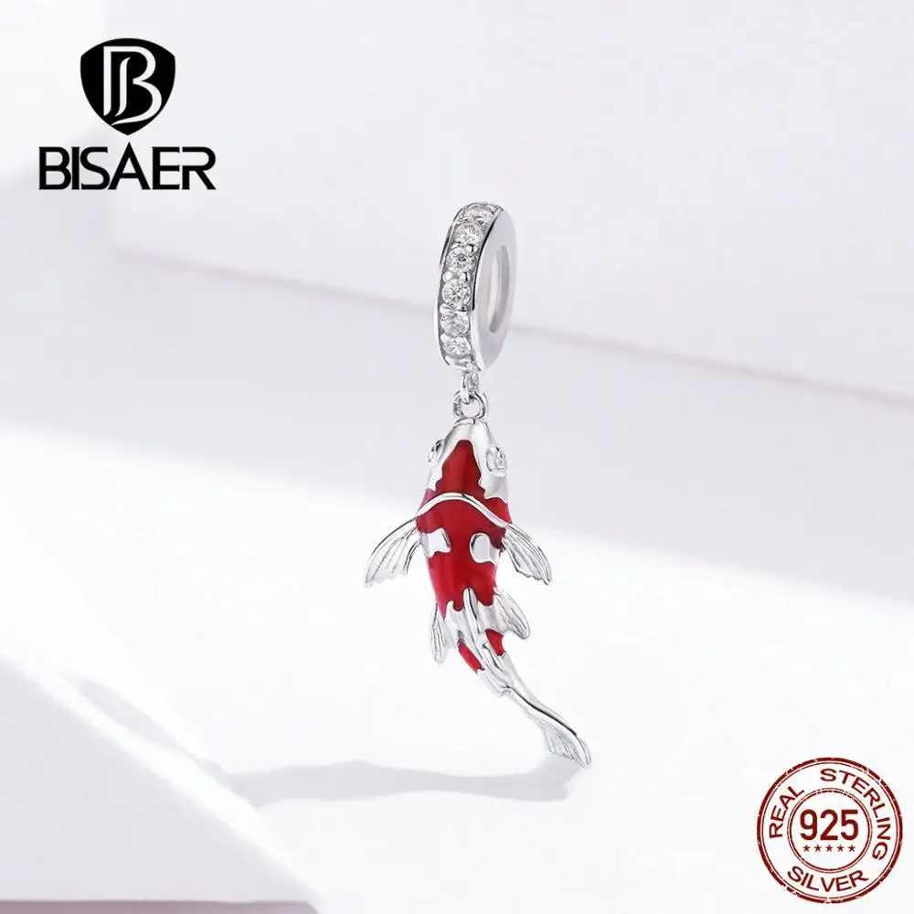 BISAER талисманы на удачу, 925 пробы, серебро, красный, Lucky carp, бусины в форме талисмана, подходят браслеты для подружки, серебро 925, ювелирные изделия EFC085