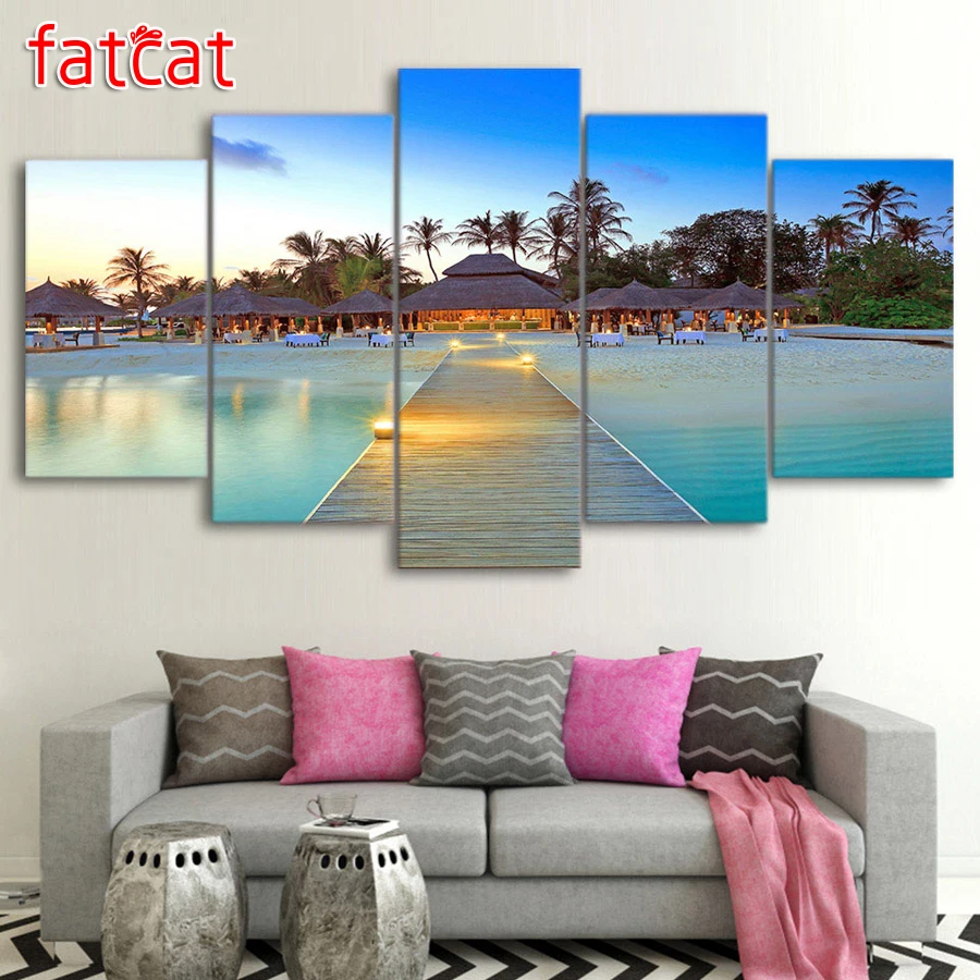 

FATCAT 5 Pieces Sea Bridge Palm Trees House Seascape Diy Diamond Painting Full Square Round Drill Diamond Embroidery Sale AE971