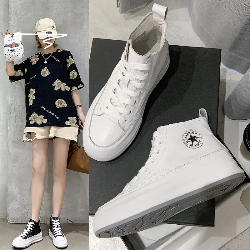 Women's High top Leather Shoes Thick soled New Leather Sneakers