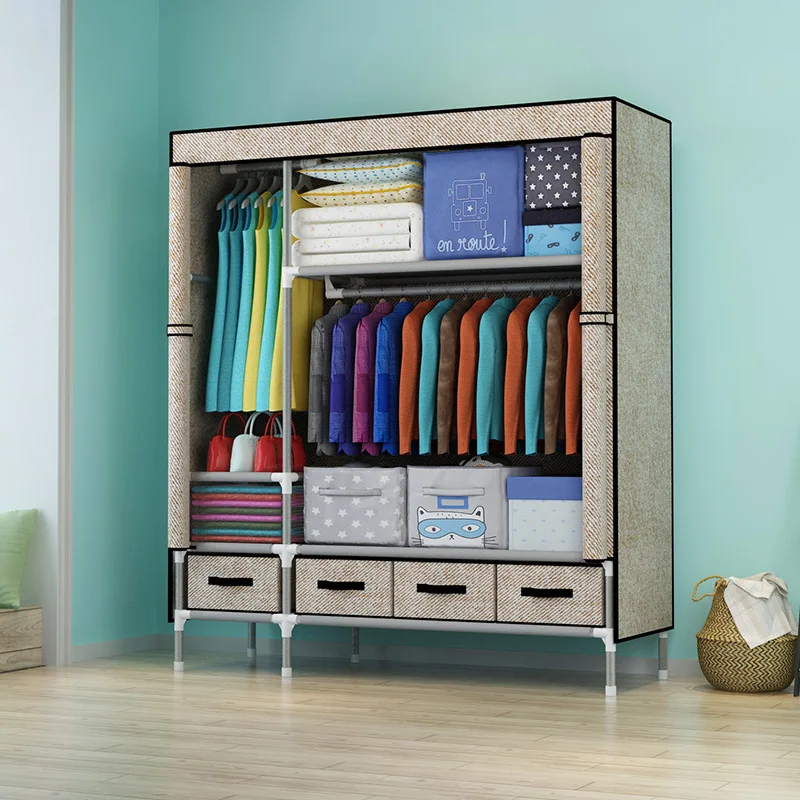 

New Products Simplicity Cloth Wardrobe Reinforced Galvanized Pipe Nonwoven Fabric Folding with Storage Box Multi-functional Ward