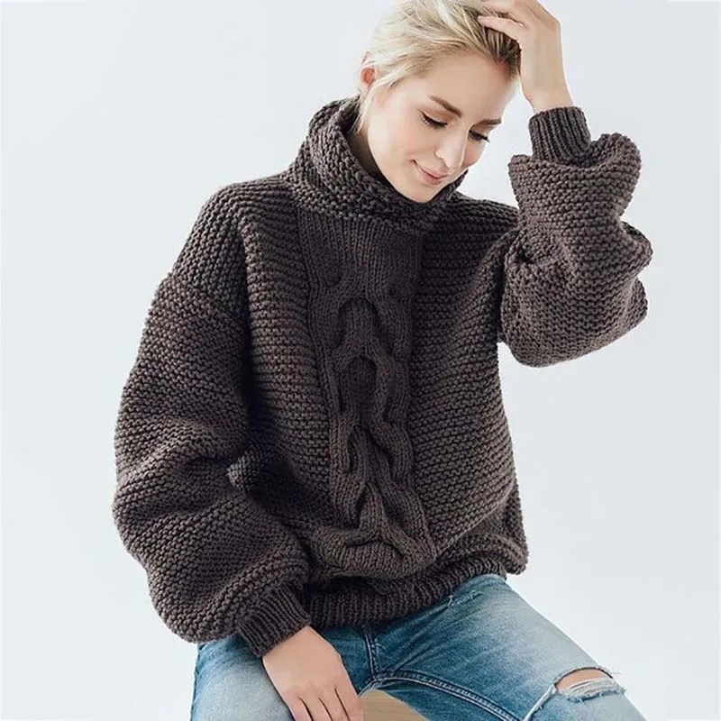 Зимняя женская толстовка с капюшоном Женская одежда тяжелый пуловер свитер Коренастый уютный теплый шерстяной осенний свитер - Цвет: Brown