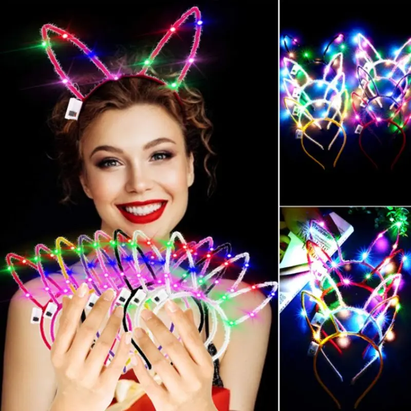 

7Pcs Women Girls LED Pointed Long Rabbit Ears Headband Light Up Flashing Cute Party Hair Hoop Halloween Christmas Party Decor