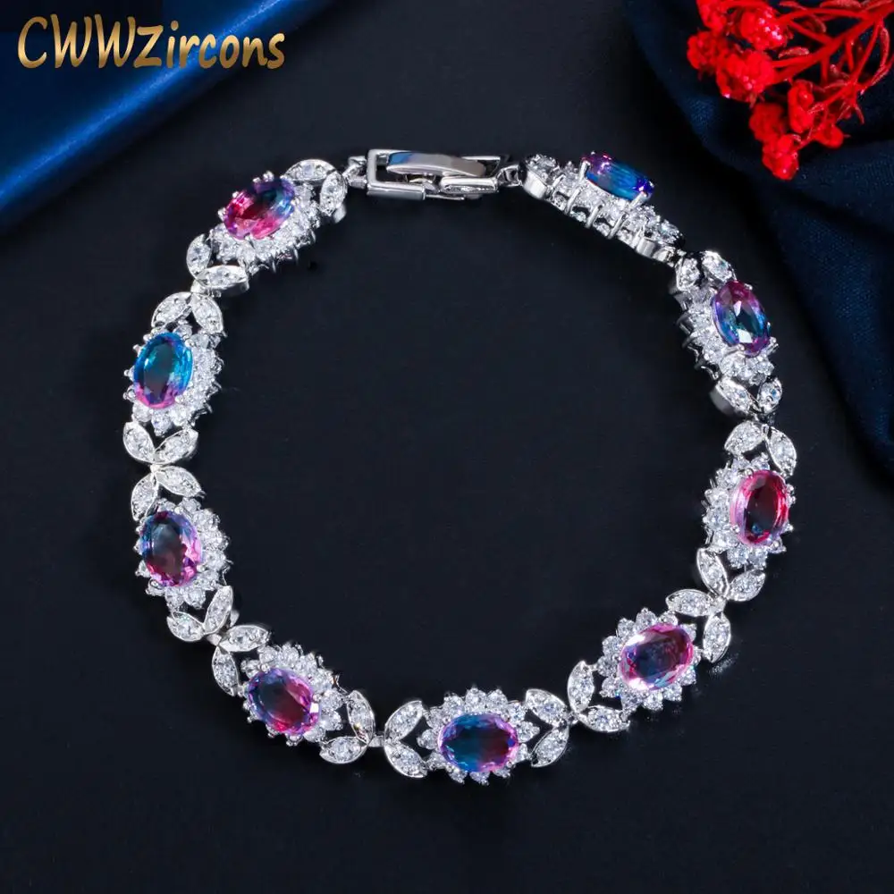 

CWWZircons Rainbow Mystical Cubic Zirconia Crystal Leaf Flower Design Chain Link Bracelet for Women Elegant Jewelry Gift CB241