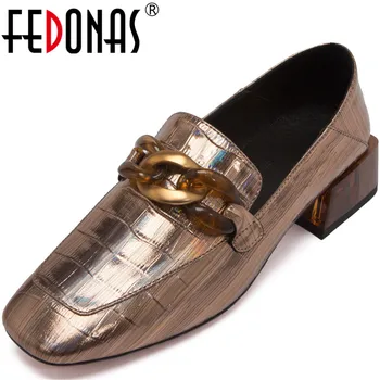 

FEDONAS Women Cow Leather Casual Shoes Basic Spring Summer Thick Heels Pumps Metal Decoration Slip On Square Toe Shoes Woman