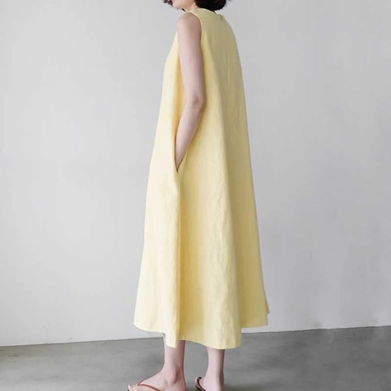 Plus Size Cotton Linen One-Piece Dress 2020 New Summer Women Loose Sleeveless Elegant Dress Korean Holiday Dress Vestidos Female
