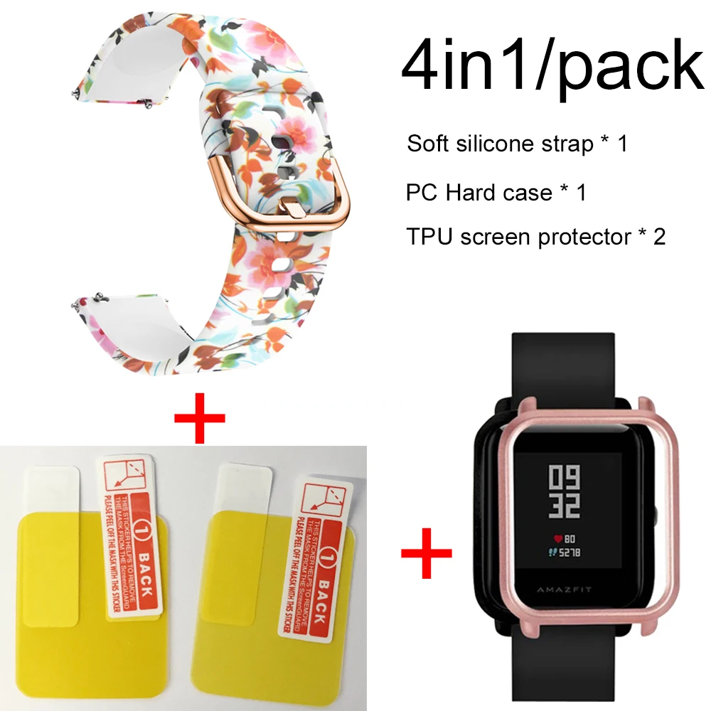 4в1 мягкий силиконовый ремешок для Xiaomi Huami Amazfit Bip маленький браслет часы с PC чехол Защитная пленка для экрана - Цвет: Flower-Rose pink