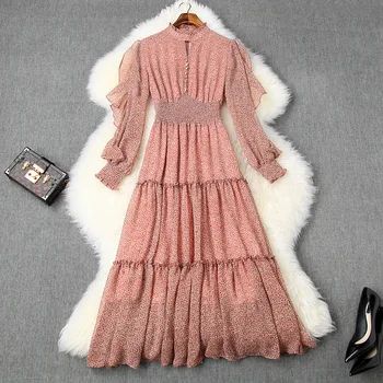 

Spring 2020 for European and American women's wear Lantern long sleeve stand collar Printed flounces Fashion dress