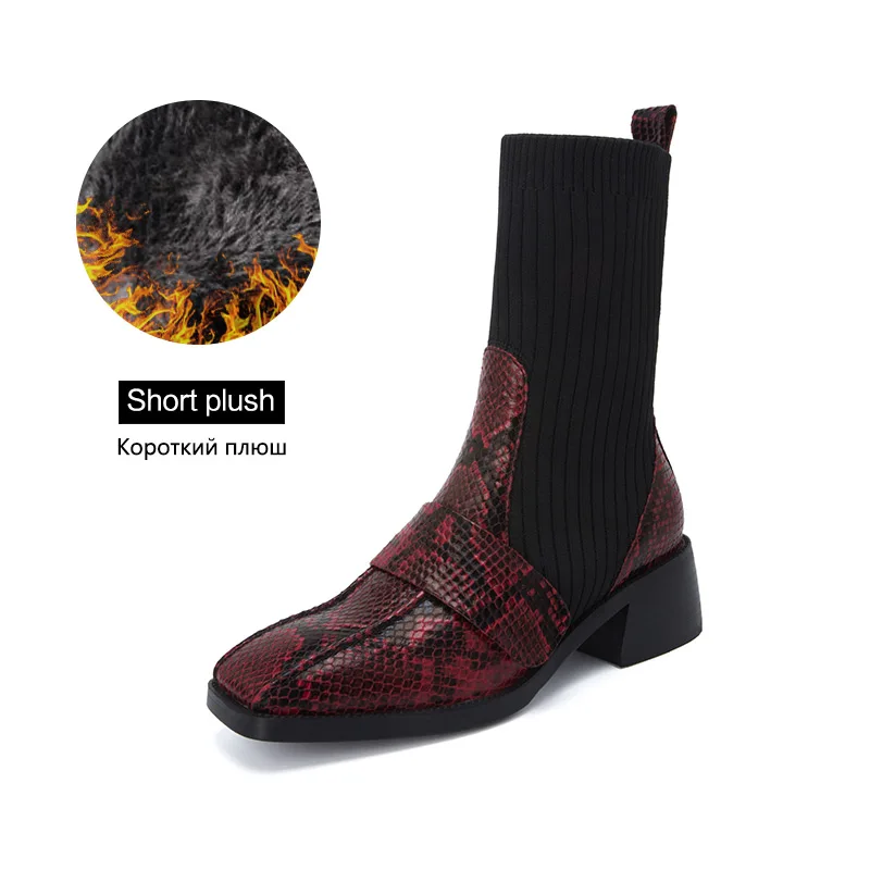 Red plush lining Donna-in/вязаные растягивающиеся сапоги-носки; женские сапоги до середины икры из натуральной кожи на среднем каблуке с квадратным носком и змеиным принтом; модель года; сезон зима - Цвет: Red plush lining