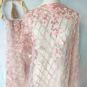 

Gorgeous Pink 3D Chiffon Flowers Embroidered Grid Tulle Lace Fabric Scallop Border for wedding Dress, Couture gowns, Dance Prom