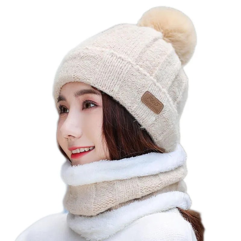 SUOGRY Hot Selling 2pcs Ski Cap And Scarf Cold Warm Leather Winter Hat for Women Knitted Hat Bonnet Warm Cap Skullies Beanies