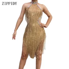 Сексуальное платье с золотой бахромой, стразы, женское платье для празднования, камни, стрейчевое платье, одежда для сцены, Прозрачное платье для дня рождения
