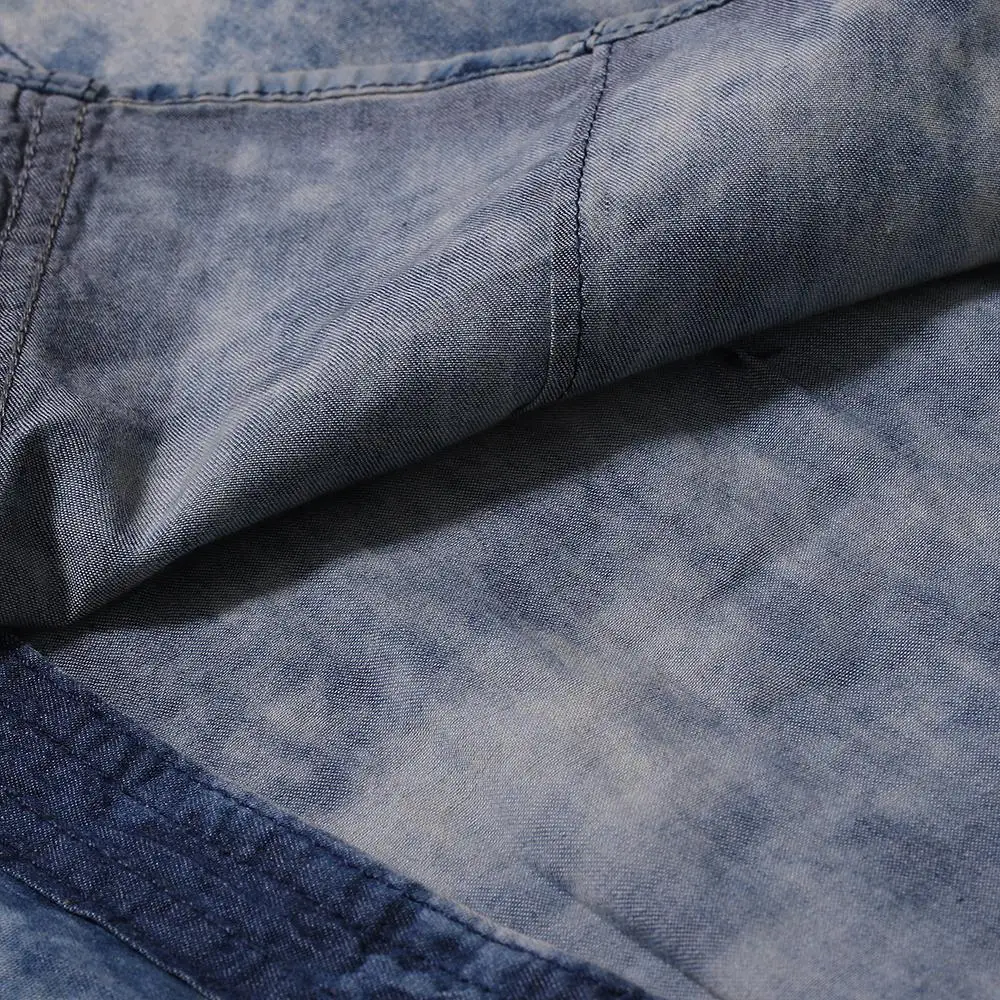 Casual Denim Shirt for Men Cotton Washed Retro color Flower Jeans Men Shirt Long sleeve Blouse Men Blue