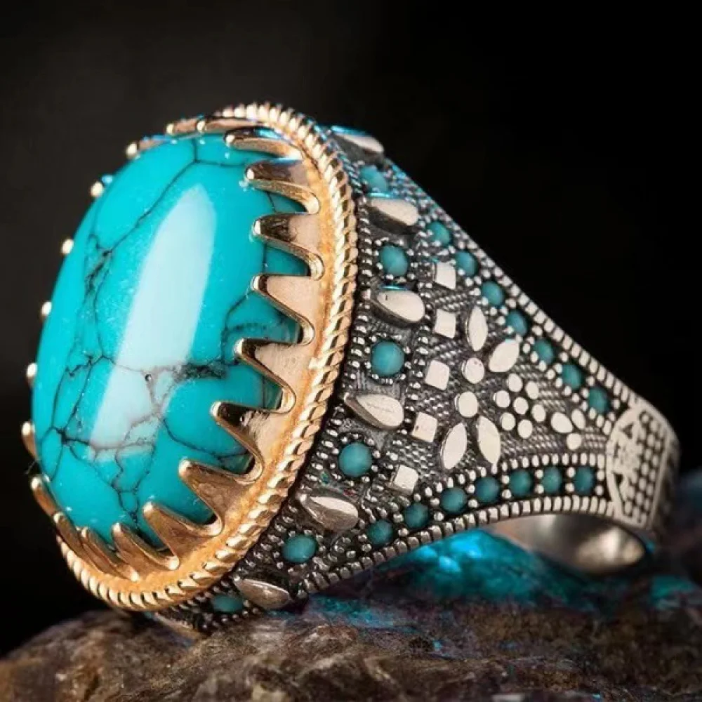 Vintage Handmade Big Turquoise Stone Ring for Men Punk Double Swords White Black Zircon Stone Rings Religious Jewelry Wholesale