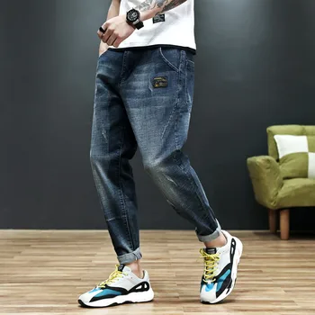 

Solid Color Scratched Men's Jeans Black Blue Loose Casual Male Denim Trousers Appliques Sweatpants Joggers Pants Harem Pants