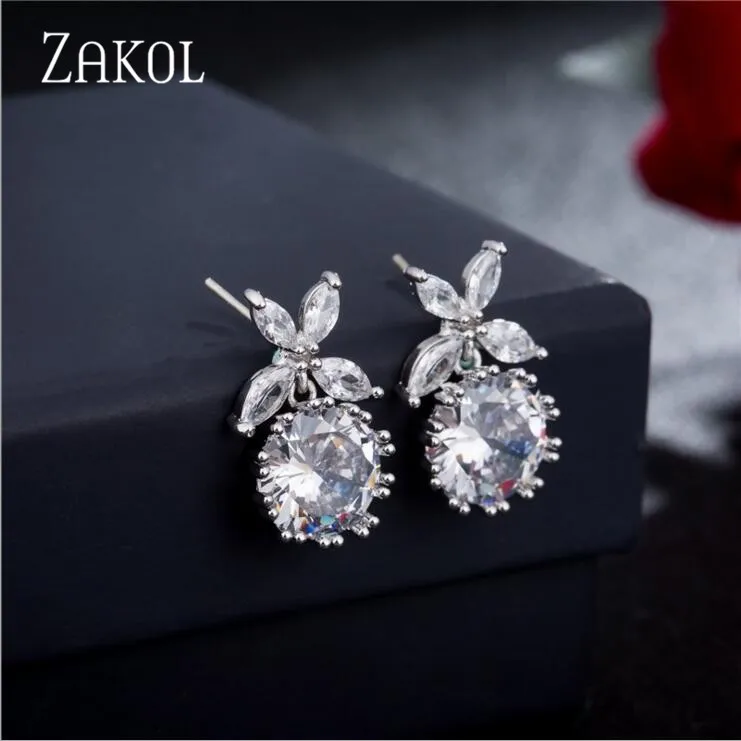

ZAKOL New Hot Shiny Cubic Zirconia Flower Round Dangle Earrings for Women Wedding Dinner Party Birthday Gift Jewelry FSEP3443