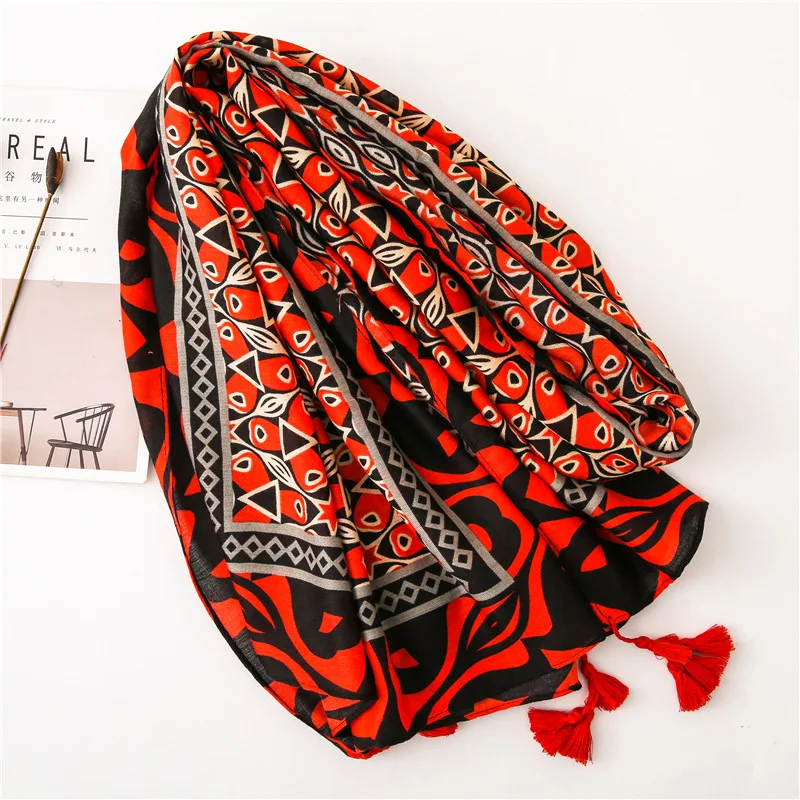 Новейшая модель; шарф для Для женщин геометрическим принтом мягкая длинная шаль платки красные, черные Ленточки шали, одеяло пляжные хиджабы-шарфы