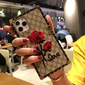 

Fashion mobile phone case luxury square embroidery rose flower For iphone 6s 7 8 xr xs 11 pro max shatter-resistant shell